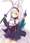  1girl azur_lane bangs black_coat blunt_bangs coat commentary_request dual_wielding eyebrows_visible_through_hair highres holding holding_sword holding_weapon katana long_hair long_sleeves looking_at_viewer machinery mg42cat-k1ng off_shoulder parted_lips shimakaze_(azur_lane) sidelocks simple_background solo sword thick_eyebrows turret weapon white_background white_hair yellow_eyes 