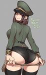  1girl agawa_ryou artist_name ass ass_support black_legwear black_shorts breasts brown_hair closed_mouth commentary cowboy_shot dated english_commentary gold_trim green_jacket grey_background hat holding holding_whip jacket large_breasts long_hair long_sleeves looking_at_viewer looking_back military_hat military_jacket numbered original red_eyes short_shorts shorts sidelocks simple_background smile solo thighhighs tsurime whip 