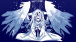  1girl angel_wings animal_ears antlers artist_name bad_end blue_background blue_theme buck_teeth commentary crown_of_thorns crying crying_with_eyes_open deer_ears deer_girl deltarune despair empty_eyes english_commentary feathered_wings halo highres hooded_dress horror_(theme) kneeling long_hair looking_up messy monochrome noelle_holiday own_hands_clasped own_hands_together pcktknife praying reindeer_girl signature snow solo spoilers streaming_tears tears teeth white_wings wings 