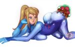  1girl alien arched_back ass ass_biting biting blonde_hair blue_bodysuit blue_eyes bodysuit breasts feet_out_of_frame head_rest impossible_bodysuit impossible_clothes kukumomo large_breasts light_brown_hair long_hair looking_back metroid metroid_(creature) metroid_fusion ponytail samus_aran skin_tight solo_focus top-down_bottom-up white_background zero_suit 