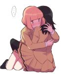  ... 2girls black_hair black_legwear blazer blonde_hair blush facing_away from_behind hand_in_another&#039;s_hair hand_on_another&#039;s_back hug jacket kuroki_tomoko light_frown medium_hair multiple_girls nokonoko_(a0dddd) pantyhose pleated_skirt school_uniform short_hair simple_background single_stripe sitting skirt spoken_ellipsis uchi_emiri watashi_ga_motenai_no_wa_dou_kangaetemo_omaera_ga_warui! white_background yuri 