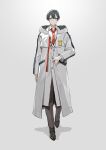  1boy black_footwear black_hair closed_mouth coat doctor gradient gradient_background grey_eyes hair_between_eyes highres hood hood_down hooded_coat human_homeosta immortal_silent labcoat male_focus necktie open_clothes open_coat red_necktie solo walking white_coat 