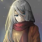  1girl alternate_costume artist_name blue_eyes brown_sweater closed_mouth commentary_request eyebrows_visible_through_hair hair_between_eyes highres long_hair mole mole_under_mouth nier_(series) nier_automata red_scarf scarf silver_hair solo sweater wizwit yorha_type_a_no._2 