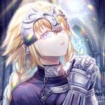  1girl artist_name bangs blonde_hair braid braided_ponytail chain commentary dai_die dress eyebrows_visible_through_hair fate/apocrypha fate/grand_order fate_(series) gauntlets hair_between_eyes headpiece indoors interlocked_fingers jeanne_d&#039;arc_(fate) jeanne_d&#039;arc_(fate/apocrypha) light lips long_hair looking_up own_hands_together parted_lips pink_lips praying purple_dress purple_eyes signature solo upper_body 