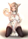  1girl animal_ears avatar_(ffxiv) black_legwear blonde_hair blue_eyes braid breasts cat_ears cat_tail china_dress chinese_clothes cleavage_cutout clothing_cutout commission dress facial_mark final_fantasy final_fantasy_xiv gweni heart_cutout highres kneeling large_breasts medium_hair miqo&#039;te open_mouth pelvic_curtain sideboob sleeveless slit_pupils solo tail thighhighs whisker_markings white_background 