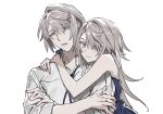  1boy 1girl annoyed bare_shoulders blue_eyes blue_neckwear blush closed_mouth collarbone crossed_arms eyebrows_visible_through_hair grey_hair hair_between_eyes highres hug human_homeosta long_hair looking_at_viewer original parted_lips shiny shiny_hair simple_background sketch sleeves_rolled_up upper_body white_background yellow_pupils 