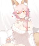  1girl animal_ear_fluff animal_ears bare_shoulders blush bow breasts cable_knit cleavage fang fate/extella fate/extra fate/extra_ccc fate/grand_order fate_(series) fox_ears fox_tail hair_bow hair_ornament heart highres indoors large_breasts looking_at_viewer patting_lap pink_hair smile solo spoken_heart sweater tail tamamo_(fate) tamamo_no_mae_(fate/extra) tsukimi_okayu white_bow yellow_eyes 