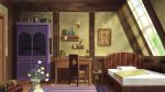  basket bed bedroom blue_flower book bookshelf carpet chair day desk flower highres indoors jar lantern naohiro no_humans original painting_(object) pillow scenery vase white_flower window yellow_flower 