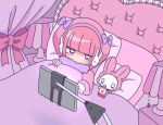  1girl animal bed blanket blunt_bangs bow closed_mouth commentary_request curtains expressionless ezaki_bisuko fur-trimmed_sweater fur_trim hair_bow headphones holding_juice_box hood hood_up hooded_sweater jitome juice_box lamp light_blush menhera-chan_(ezaki_bisuko) menhera-chan_(ezaki_bisuko)_(character) pillow pink_bow pink_sweater purple_blanket purple_bow purple_eyes rabbit sidelocks sweater tablet_pc twintails usatan_(ezaki_bisuko) 