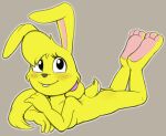 2025 3_toes 4_fingers anthro bangs black_eyes black_nose blush blush_lines body_blush breasts buckteeth butt butt_blush closed_smile collarbone colored digital_media_(artwork) epic_games eyelashes feet feet_up female fingers floppy_ears front_view full-length_portrait fur glistening glistening_eyes grey_background hair hare heshieokf jazz_jackrabbit_(series) lagomorph leporid looking_at_viewer lori_jackrabbit lying mammal mouth_closed no_pupils nude on_front pink_inner_ear pink_soles ponytail portrait simple_background smile smiling_at_viewer soles solo tail teeth toes white_sclera yellow_body yellow_fur yellow_tail