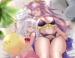  2girls alternate_costume animal_ears antenna_hair azur_lane ball bangs bare_shoulders beach beachball bikini black_bikini breasts choker cleavage collarbone commentary_request eyebrows_visible_through_hair fake_animal_ears grenville_(azur_lane) hair_between_eyes highres laffey_(azur_lane) laffey_(picnic_adventure?)_(azur_lane) long_hair lying manjuu_(azur_lane) midriff multicolored_hair multiple_girls navel one_side_up parted_lips purple_hair rabbit_ears sidelocks sleeping spaghetti_strap streaked_hair swimsuit thick_thighs thighs tonchinkan two-tone_hair white_hair 