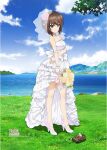  1girl bare_shoulders bouquet breasts bridal_veil brown_eyes brown_hair cleavage closed_mouth cloud copyright_name dress flower girls_und_panzer grass ground_vehicle high_heels looking_at_viewer military military_vehicle motor_vehicle nishizumi_maho ocean official_art outdoors rose short_hair sky smile solo tank toy_tank veil water wedding_dress white_dress white_footwear 