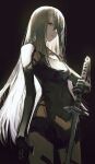  1girl android armlet backlighting black_gloves black_shorts black_tank_top closed_mouth commentary elbow_gloves gloves grey_eyes hair_over_one_eye highres holding holding_sword holding_weapon joints karasuro katana long_hair nier_(series) nier_automata robot_joints shorts solo sword tank_top very_long_hair virtuous_contract weapon white_hair yorha_type_a_no._2 