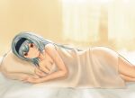  1girl anming bare_shoulders blue_hair breasts cleavage closed_mouth collarbone eyebrows_visible_through_hair girls&#039;_frontline hairband highres long_hair looking_at_viewer lying medium_breasts on_side pillow red_eyes scar scar_on_arm scar_on_neck simple_background solo thunder_(girls&#039;_frontline) 