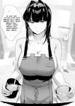  1girl ? absurdres apron bangs bare_arms bare_shoulders barista breasts collarbone commentary cup english_commentary english_text greyscale highres holding holding_cup iced_latte_with_breast_milk_(meme) large_breasts long_hair looking_at_viewer lynus meme monochrome naked_apron naoko-san original sideboob solo sound_effects speech_bubble spoken_question_mark starbucks 