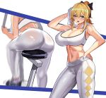  1girl absurdres ass bangs bare_shoulders blonde_hair blue_eyes blush bow breasts cleavage collarbone exercise_bike genshin_impact hair_bow highres jean_(genshin_impact) large_breasts long_hair looking_at_viewer loooyd multiple_views navel open_mouth pants ponytail sidelocks simple_background smile sports_bra sportswear thighs tight tight_pants towel white_background white_pants white_sports_bra yoga_pants 