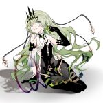  1girl artist_name asymmetrical_gloves bangs black_dress black_gloves breasts claw_ring cleavage dress full_body gloves green_eyes green_hair grin hair_between_eyes headpiece highres honkai_(series) honkai_impact_3rd long_hair mobius_(honkai_impact) open_mouth qqqne seiza shadow simple_background sitting sleeveless sleeveless_dress smile solo teeth uneven_gloves white_background 