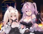  2girls ;d alternate_costume ayanami_(azur_lane) ayanami_(nightfall_raiment)_(azur_lane) azur_lane bangs bare_shoulders black_dress black_gloves blush breasts choker cleavage collarbone commentary_request detached_sleeves dress eyebrows_visible_through_hair formal gloves grenville_(azur_lane) hair_between_eyes hair_ornament hairclip headgear highres long_hair looking_at_viewer multicolored_hair multiple_girls one_eye_closed one_side_up open_mouth parted_lips ponytail purple_eyes red_eyes sidelocks silver_hair smile strapless strapless_dress streaked_hair tonchinkan two-tone_hair waving wide_sleeves 