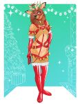2024 anthro antlers armwear bell bell_accessory bell_collar bell_harness bridle brown_body cervine christmas christmas_tree clothing collar dated deer digital_media_(artwork) ear_piercing ear_tag fawn_spots featureless_chest featureless_crotch fireplace fluffy fur gift hair harness hi_res holding_leash holding_object holidays horn latex latex_armwear latex_clothing latex_legwear latex_stockings leash legwear long_hair male mammal miramore mistletoe piercing plant red_leather signature sika_deer simple_background smile solo stockings tail tree