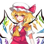  1girl ascot back_bow bangs blonde_hair blush bow cropped_legs crystal english_commentary eyebrows_visible_through_hair fang flandre_scarlet hair_between_eyes hat hat_bow looking_at_viewer mindoll mob_cap one_side_up open_mouth pointy_ears puffy_short_sleeves puffy_sleeves red_bow red_eyes red_skirt red_vest short_hair short_sleeves side_ponytail simple_background skirt smile solo touhou vest white_background white_bow wing_collar wings yellow_ascot 