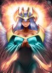  1girl artist_name backlighting bangs bare_shoulders blue_dress blue_hair breasts cleavage closed_eyes closed_mouth collarbone commentary cowboy_shot dark_elf_(yu-gi-oh!) dark_skin dress duel_monster english_commentary facing_viewer floating_hair hair_between_eyes headpiece highres interlocked_fingers large_breasts long_hair long_sleeves own_hands_clasped own_hands_together praying shiny shiny_hair solo straight_hair the_golden_smurf very_long_hair wide_sleeves yu-gi-oh! 