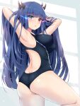  1girl adjusting_hair alternate_costume armpits arms_behind_head ass azur_lane bangs black_hair black_swimsuit blunt_bangs butt_crack commentary_request competition_swimsuit eyebrows_visible_through_hair glowing glowing_eyes habu_rin highres horns ibuki_(azur_lane) long_hair looking_at_viewer multiple_horns one-piece_swimsuit parted_lips sidelocks solo swimsuit twisted_torso 