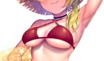  1girl arm_up armpits bare_shoulders bikini blonde_hair blush breasts hat head_out_of_frame highres innertube jewelry kuromiya_(def_lp) large_breasts necklace original out_of_frame red_bikini simple_background smile solo sweat swimsuit white_background 