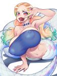  1girl armpits blonde_hair blue_tube_top breasts chinese_zodiac colored_tips covered_nipples diamond_choker fingernails forked_tongue green_hair gyaru gyaru_v huge_breasts lamia long_fingernails monster_girl multicolored_hair natto_soup navel original pink_nails red_eyes slit_pupils solo strapless thick_eyebrows tongue tongue_out tube_top twintails v year_of_the_snake yellow_pupils 