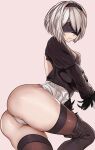  1girl absurdres ass ass_focus back blindfold boots breasts cetta_(cettadvd) covered_eyes dress from_behind hair_ribbon high_heels highres legs_together leotard nier_(series) nier_automata ribbon short_hair simple_background thick_thighs thighhighs thighs white_dress white_hair yorha_no._2_type_b 