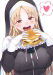  1girl absurdres bangs black_dress blonde_hair blush breasts brown_eyes burger commentary_request dress eating eyebrows_visible_through_hair food gloves habit heart highres holding holding_food large_breasts long_hair long_sleeves nijisanji nun open_mouth parted_bangs sakayama_shinta simple_background sister_cleaire solo speech_bubble spoken_heart upper_body virtual_youtuber white_background white_gloves zipper_pull_tab 