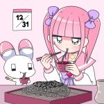  1girl animal black_eyes blunt_bangs bow bowl calendar_(object) chopsticks eating expressionless ezaki_bisuko food fork hair_bow heart highres holding holding_bowl holding_chopsticks holding_fork jitome menhera-chan_(ezaki_bisuko) menhera-chan_(ezaki_bisuko)_(character) noodles pink_background pink_hair pink_sailor_collar purple_bow rabbit ramen sailor_collar school_uniform serafuku sidelocks simple_background table twintails usatan_(ezaki_bisuko) vase white_serafuku 