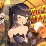  2girls alcohol bangs bar bare_shoulders beer beer_mug black_hair black_ribbon breasts breath cleavage closed_mouth collarbone commentary cup drunk english_commentary eungi foam genshin_impact hair_ribbon highres holding holding_cup indoors liquor long_hair medium_breasts mona_(genshin_impact) mug multiple_girls no_hat no_headwear open_mouth paimon_(genshin_impact) ribbon shelf sidelocks sitting twintails water_drop 