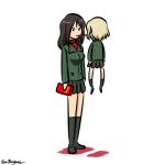  2girls bangs black_footwear black_hair black_legwear black_skirt blonde_hair commentary food girls_und_panzer green_jacket height_difference holding jacket katyusha_(girls_und_panzer) kogane_(staygold) long_hair long_sleeves looking_at_another lowres miniskirt mouth_hold multiple_girls nonna_(girls_und_panzer) pleated_skirt pocky pocky_kiss pravda_school_uniform red_shirt school_uniform shirt shoes short_hair simple_background skirt socks standing swept_bangs turtleneck twitter_username white_background 