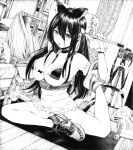 1girl absurdres animal_ears apron bangs bikini black_hair blush breasts camera cleavage gagaimo greyscale highres long_hair looking_at_viewer monochrome mop open_mouth original shoes sneakers solo swimsuit tripod twintails 