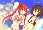  3girls ahoge alice_(mary_skelter) beach blue_hair breasts brown_hair cleavage collarbone commentary_request hair_between_eyes long_hair mary_skelter mermaid_(mary_skelter) multiple_girls navel oyayubihime_(mary_skelter) red_hair sand sky small_breasts swimsuit twintails zinan 