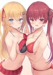  2girls absurdres akai_haato bangs bare_arms bare_shoulders bikini bikini_skirt black_bikini black_ribbon blonde_hair blue_eyes blush breast_press breasts check_commentary cleavage closed_mouth collarbone commentary_request earrings eyebrows_visible_through_hair fang frilled_bikini frills from_side gradient gradient_background hair_between_eyes hair_ornament hair_ribbon hairclip halter_top halterneck heart heart_earrings heart_necklace heterochromia highres holding_hands hololive houshou_marine interlocked_fingers jewelry large_breasts long_hair looking_at_viewer looking_to_the_side multiple_girls necklace nekohuman221_(tsun221) open_mouth red_bikini red_eyes red_hair red_ribbon ribbon simple_background skin_fang smile swimsuit symmetrical_docking twintails two_side_up virtual_youtuber wet x_hair_ornament yellow_eyes 