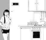  1girl cabinet covering_mouth dishes faucet girls&#039;_frontline greyscale hand_over_own_mouth hand_under_clothes hand_under_shirt huqu indoors ladle low_twintails monochrome multicolored_hair open_mouth oven ro635_(girls&#039;_frontline) shirt short_shorts short_sleeves shorts sink solo streaked_hair timestamp twintails yawning 