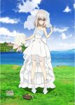  1girl bare_shoulders blue_eyes bouquet breasts bridal_veil cleavage closed_mouth cloud copyright_name dress flower girls_und_panzer grass ground_vehicle high_heels itsumi_erika looking_at_viewer military military_vehicle motor_vehicle ocean official_art outdoors silver_hair sky smile solo tank toy_tank veil water wedding_dress white_dress white_footwear 