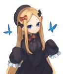  1girl abigail_williams_(fate) animal bangs black_bow black_headwear blonde_hair blue_eyes bow bug butterfly closed_mouth commentary_request fate/grand_order fate_(series) forehead hair_bow hands_up hat long_sleeves looking_at_viewer miya_(miyaruta) multiple_bows multiple_hair_bows orange_bow parted_bangs simple_background sleeves_past_fingers sleeves_past_wrists smile solo white_background 