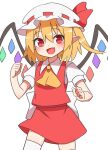  1girl :d ascot back_bow bangs blonde_hair blush bow commentary crystal eyebrows_visible_through_hair fang flandre_scarlet hair_between_eyes hat hat_bow highres looking_at_viewer mob_cap nihohohi one_side_up open_mouth pointy_ears puffy_short_sleeves puffy_sleeves red_bow red_eyes red_skirt red_vest short_hair short_sleeves simple_background skirt smile solo thighhighs touhou vest white_background white_bow white_headwear white_legwear wing_collar wings yellow_ascot 