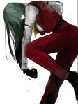  1girl ascot bangs black_footwear black_gloves chinese_commentary commentary foot_out_of_frame gloves green_hair kazami_yuuka kazami_yuuka_(pc-98) leaning_forward long_hair long_sleeves looking_down on_(_l0_) pants red_pants red_vest shirt simple_background solo standing standing_on_one_leg touhou touhou_(pc-98) vest white_background white_shirt yellow_ascot 