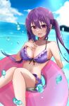  1girl :d afloat bangs bikini blue_sky breasts cleavage cloud commentary day eyebrows_visible_through_hair feet_out_of_frame frilled_bikini frills gochuumon_wa_usagi_desu_ka? hair_between_eyes hand_on_own_chest highres horizon innertube long_hair looking_at_viewer medium_breasts naonao_(sherry) navel ocean open_mouth outdoors purple_bikini purple_eyes purple_hair sky smile solo swimsuit tedeza_rize twintails water_drop 