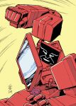  1980s_(style) 1boy 2019 autobot casey_w._coller clenched_hand dated derivative_work english_commentary highres ironhide mecha motion_lines no_humans open_hand parody punching retro_artstyle robot science_fiction signature solo style_parody transformers yellow_background 
