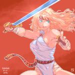  1girl armband blonde_hair blue_eyes breasts character_name commentary_request dahna:_megami_tanjou dahna_(dahna:_megami_tanjou) fighting_stance fingerless_gloves gloves groin headband highres holding holding_sword holding_weapon medium_breasts red_background roma_no_fuhiga sideboob signature solo sword toga toned upper_body weapon 