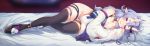  1girl bare_shoulders black_legwear blush breasts cleavage fur_trim grey_hair hair_between_eyes hato_haru horns japanese_clothes kimono large_breasts long_hair looking_at_viewer lying nijisanji on_side oni parted_lips pointy_ears purple_eyes rindou_mikoto sandals sleeves_past_wrists smile solo thighhighs virtual_youtuber 