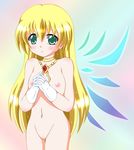  1girl belly_button blonde blonde_hair blush breasts colette_brunel collet_brunel female gloves green_eyes jewelry long_hair navel necklace nipples nude pussy solo tales_of_(series) tales_of_symphonia uncensored white_gloves wings 