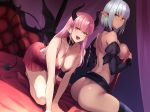  2girls :d all_fours ass bare_legs barefoot black_legwear bob_cut breasts choker cleavage dark_elf dark_skin demon_girl demon_tail demon_wings detached_sleeves dimples_of_venus dress dutch_angle earrings elf green_eyes highres horns indoors jewelry kneeling large_breasts long_hair looking_at_viewer medium_breasts multiple_girls on_bed open_mouth original pink_dress pink_hair pointy_ears prime short_hair sideboob sidelocks silver_hair sitting skirt skirt_lift smile tail thighhighs wings 