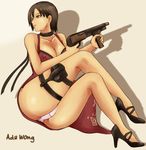  ada_wong ass black_hair breasts brown_eyes cleavage covered_nipples crossed_legs dress gun high_heels legs medium_breasts panties pantyshot pink_panties red_dress resident_evil resident_evil_4 rirakukan shadow shoes short_hair shotgun sitting solo thigh_strap thighs underwear vertical_foregrip weapon 