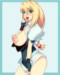  :d areolae blonde_hair breasts breasts_outside excel excel_saga fang green_eyes huge_breasts inverted_nipples large_areolae long_hair nipples open_mouth sawao skirt skirt_pull smile solo 