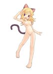  animal_ears barefoot blonde_hair breasts cat_(trickster) cat_ears cat_tail nipples nude nude_filter purple_eyes pussy salute small_breasts solo tail third-party_edit trickster 